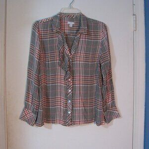 * 2/$15 J Jill Plaid Blouse MP Medium Petite Red Brown Long Sleeve Ruffle Cute